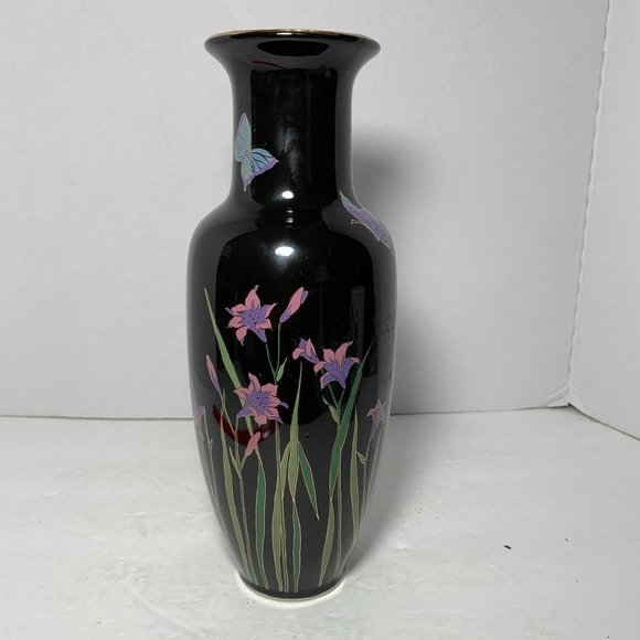 Vintage Japanese Black Porcelain Vase with Flowers - Picture 1 of 12